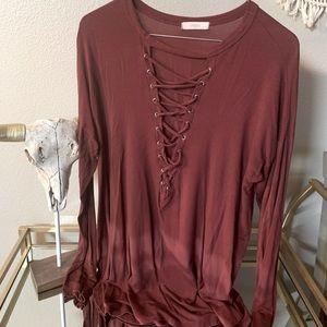 Burgundy, tie up cleavage, long sleeve tee